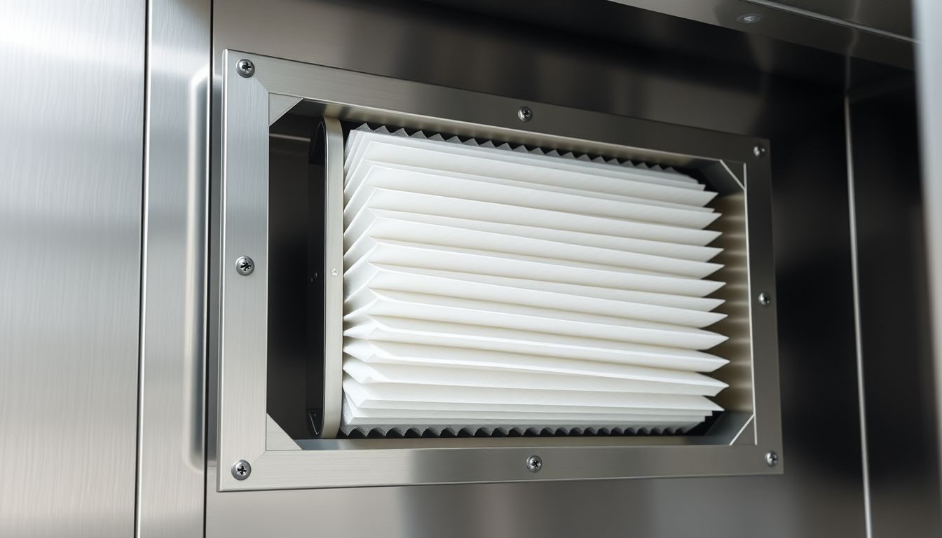 Symbolbild: pleissierter HEPA-Schwebstofffilter im Edelstahlrahmen eines eingebauten Filtersystems